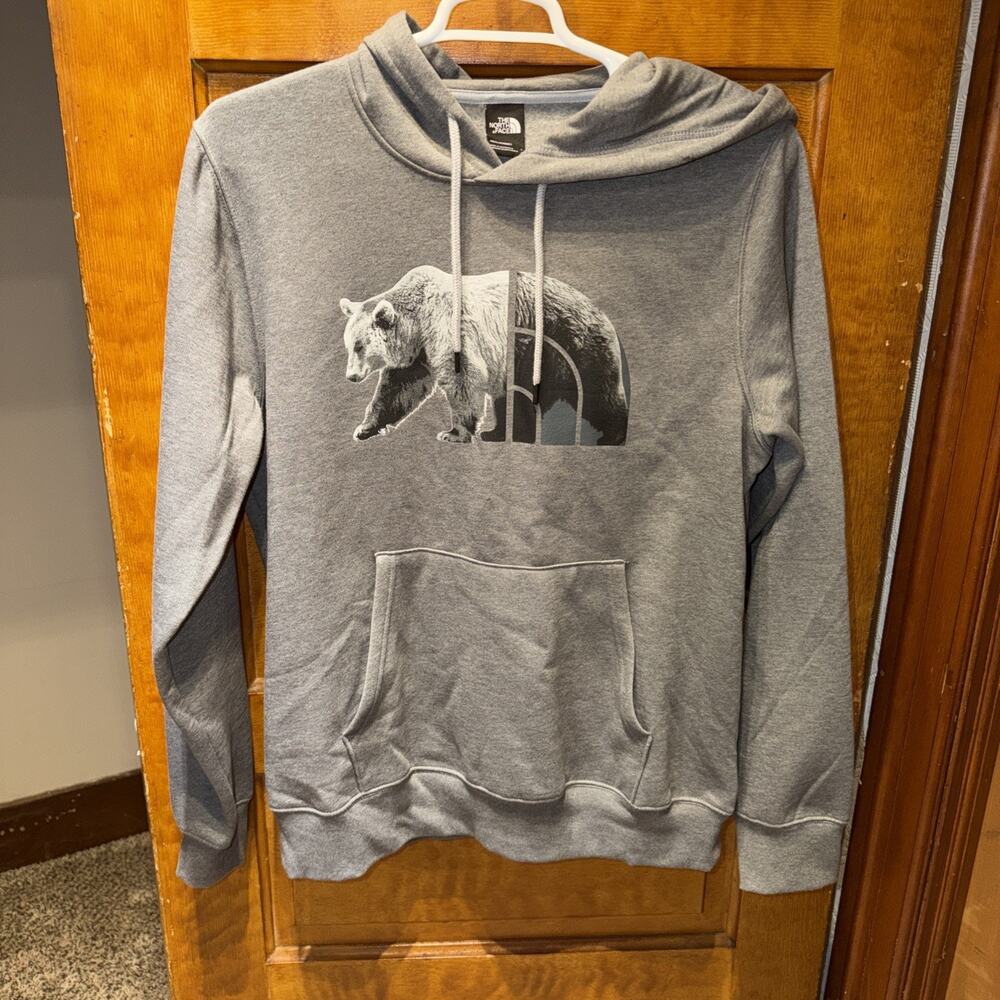 The North Face Hoodie Mens L Gray Black Pullover Bear Graphic Sweatshirt Fleece